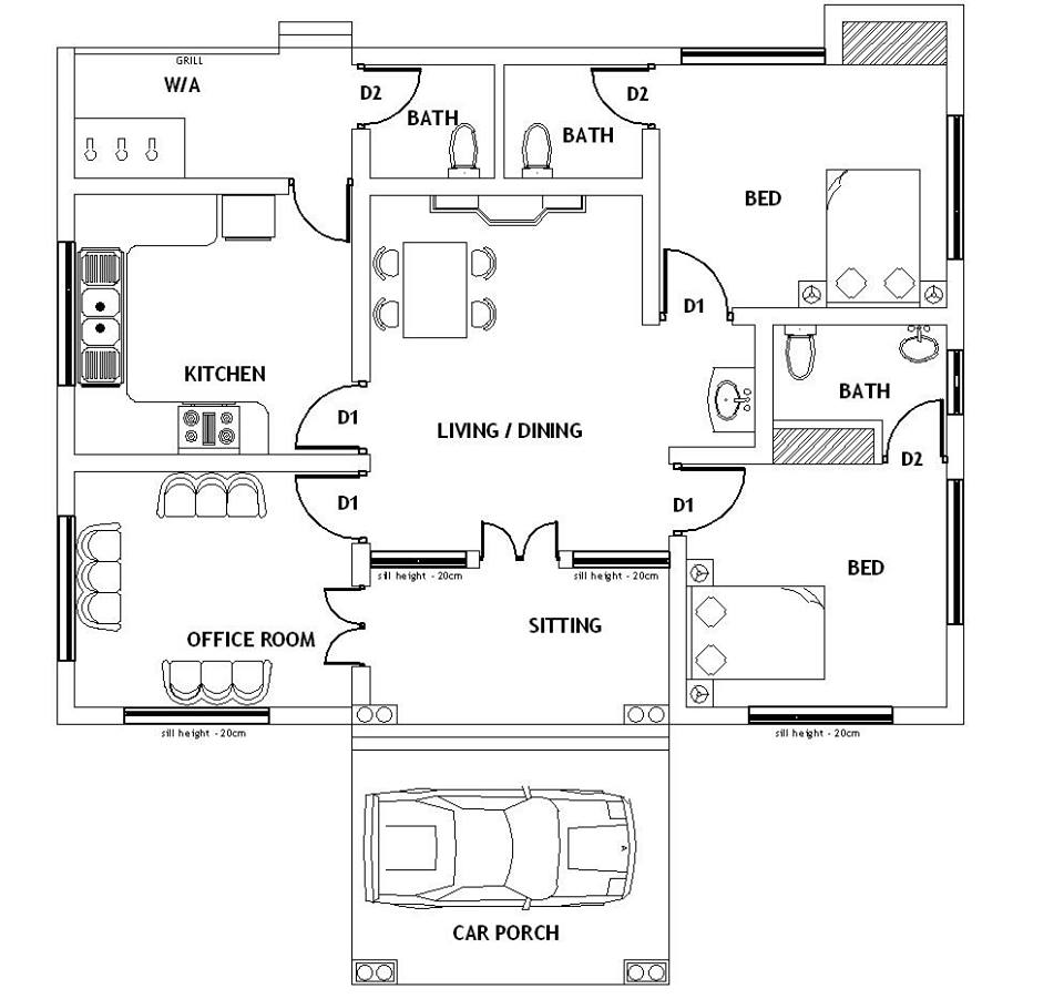 1121 Square Feet 2 Bedroom Single Floor Modern home Design and Plan