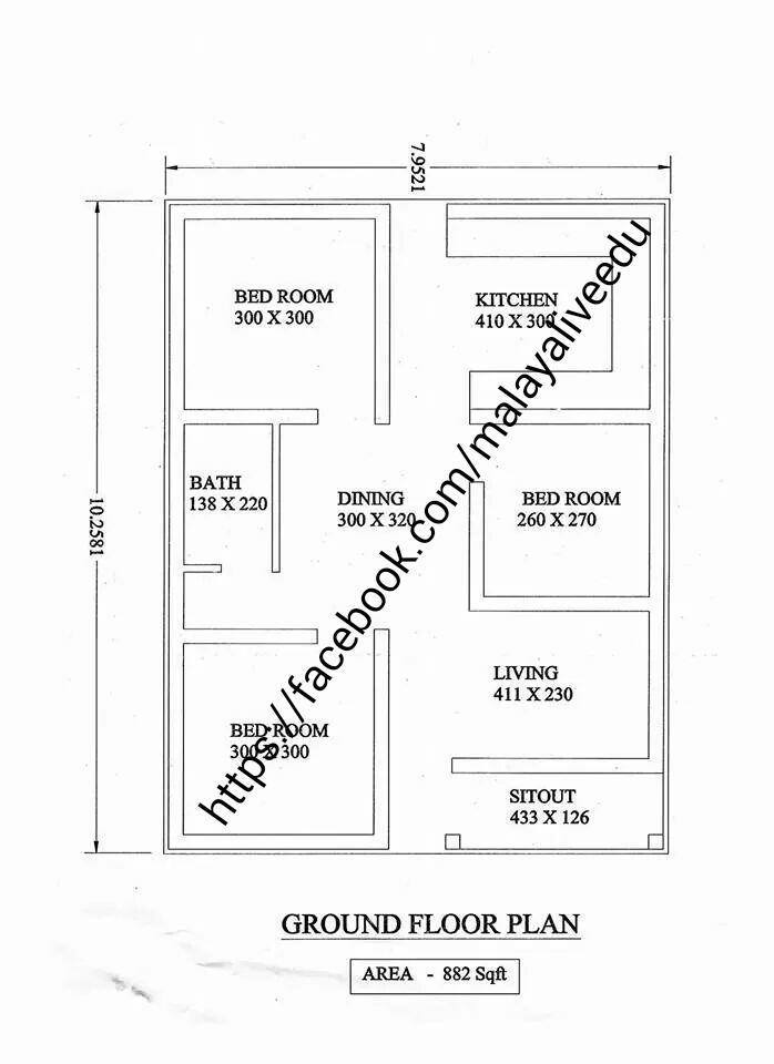 882 Square Feet 3 Bedroom Low Budget Single Floor House Design and Plan