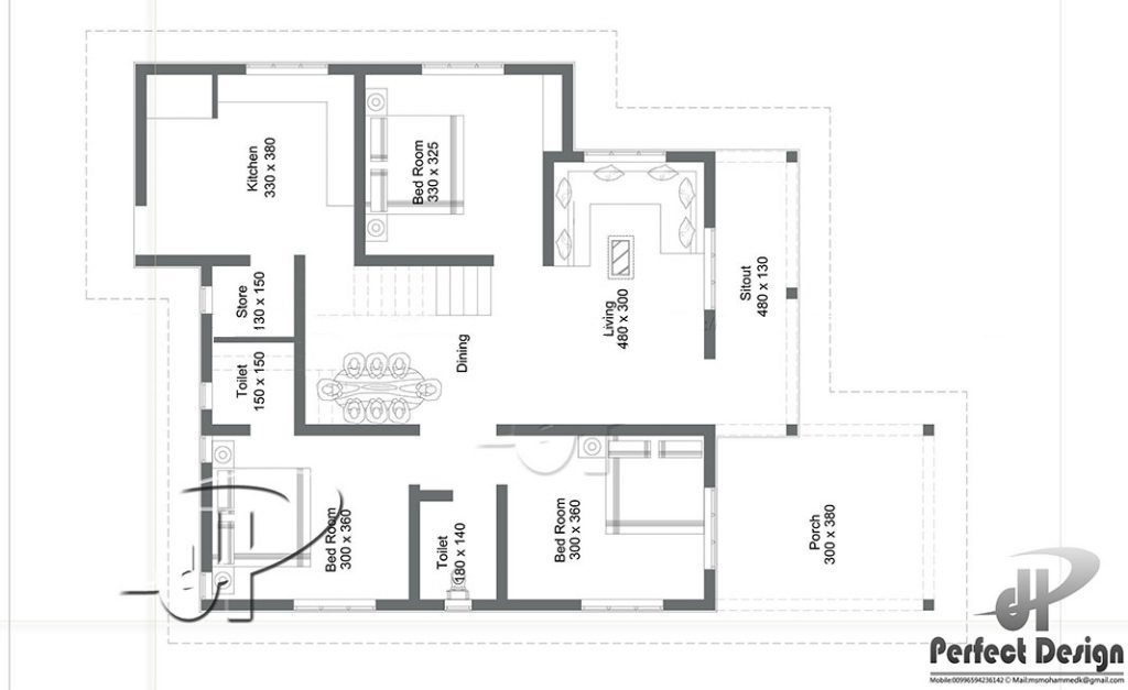 1108 Square Feet 3 Bedroom Single Floor Home Elevation and Plan