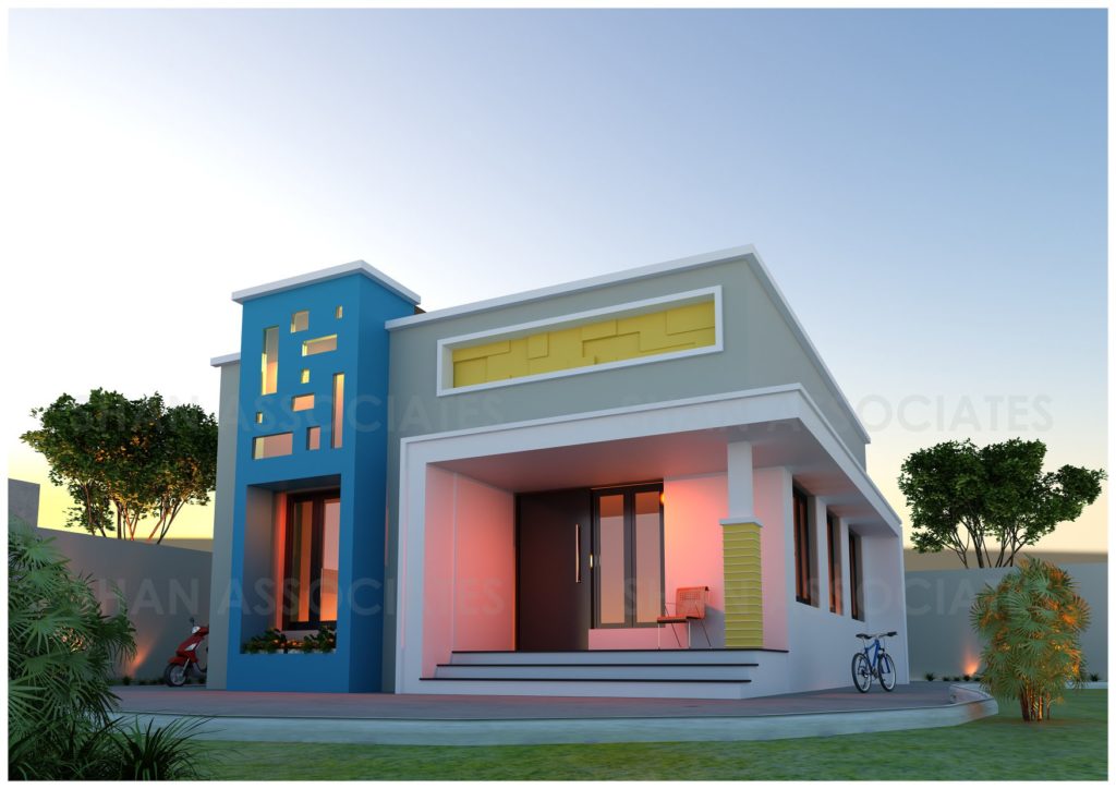 647 Square Feet 2 Bedroom Contemporary Box Type Single Floor House and Plan