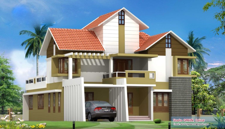 2928 Square Feet 4 Attached Bedroom Double Floor Sloping Roof Home Design and Plan