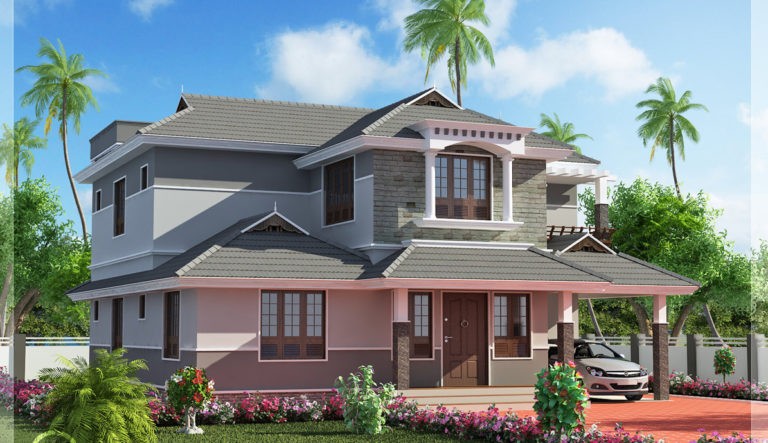 3447 Square Feet 4 Bedroom Double Floor Sloping Roof Home Design