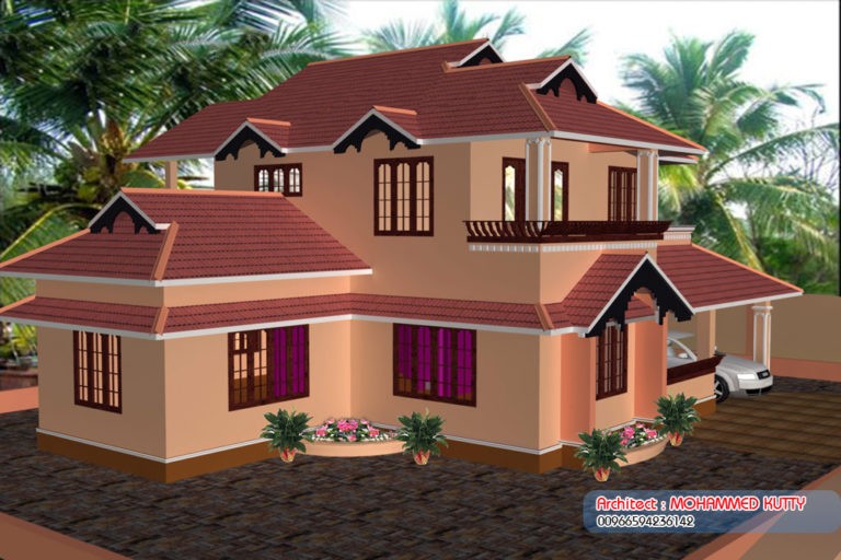 2085 Square Feet 4 Bedroom Double Floor Slop Roof Home Design with Plan